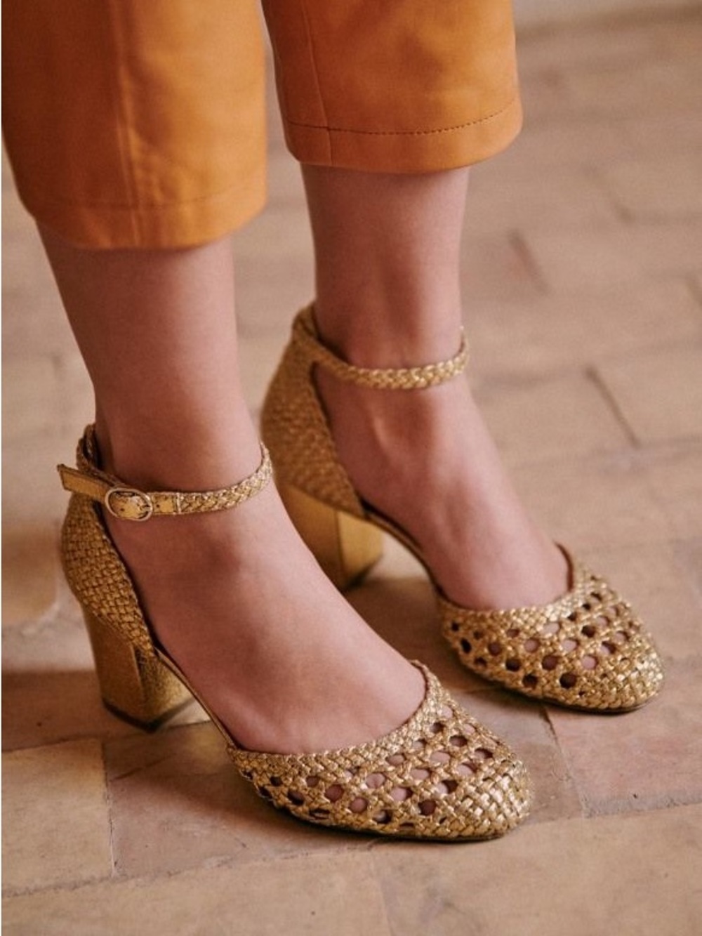 SEZANE Metallic Gold Braided Woven Leather Ankle Strap Heels Babies Emmanuelle